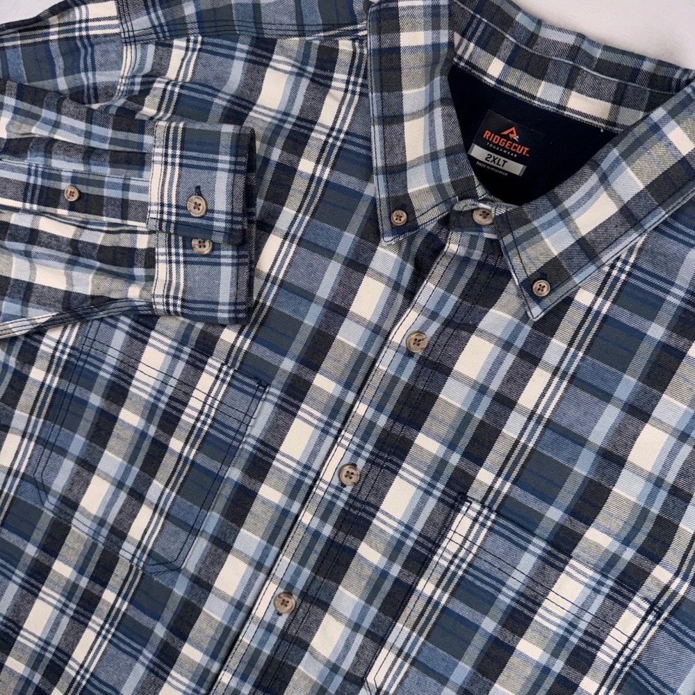 Ridgecut Flannel Shirt Men 2XLT Blue Plaid Heavy Cotton Long Sleeve Button Down
